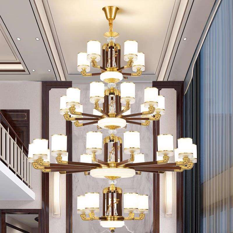 新中式别墅客厅大吊灯全铜实木中国风复式楼挑空跃层楼中楼大厅灯