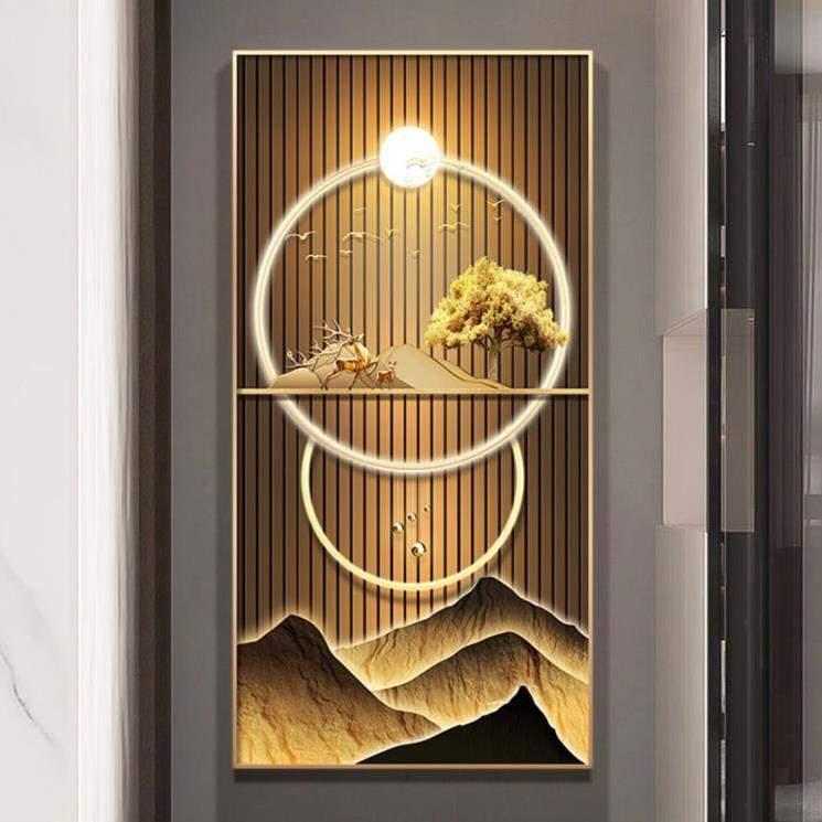 新中式轻奢抽象入户客厅壁画挂画麋鹿山水金色背有靠山玄关装饰画图片