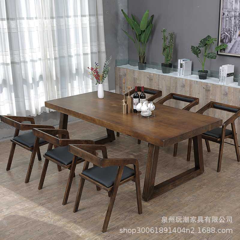 美式全实木餐桌家用客厅多人吃饭桌带椅子民宿原木长方形餐桌实木