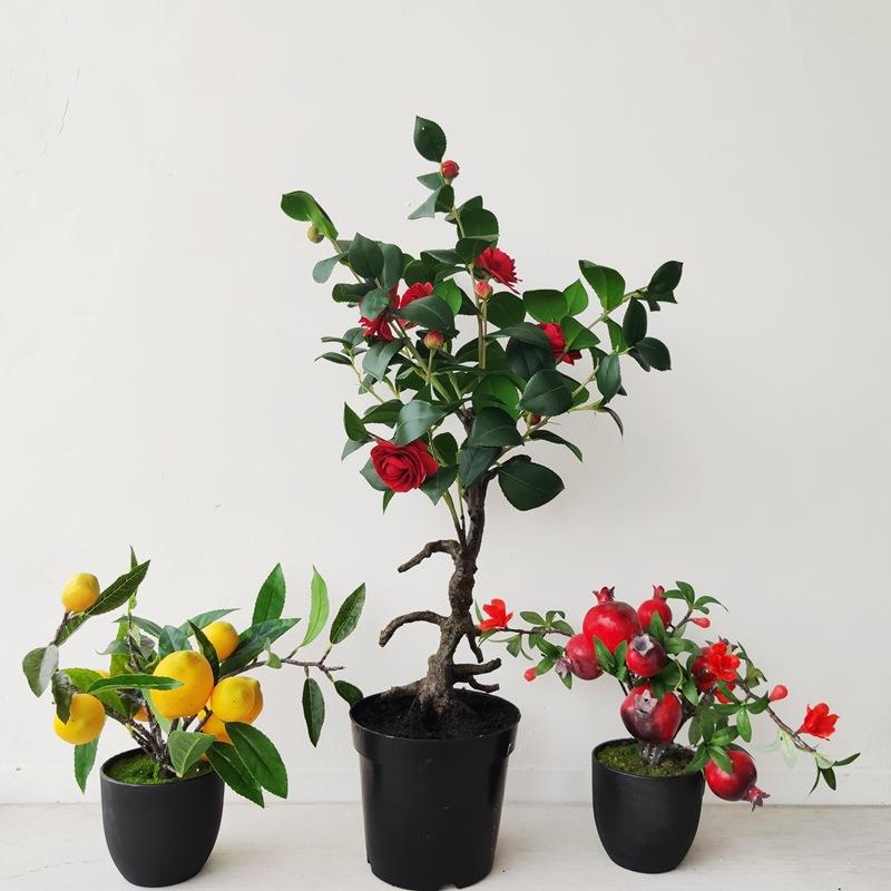 中式仿真山茶花柠檬树石榴果盆栽植物盆栽家居绢花摆放花卉民宿茶