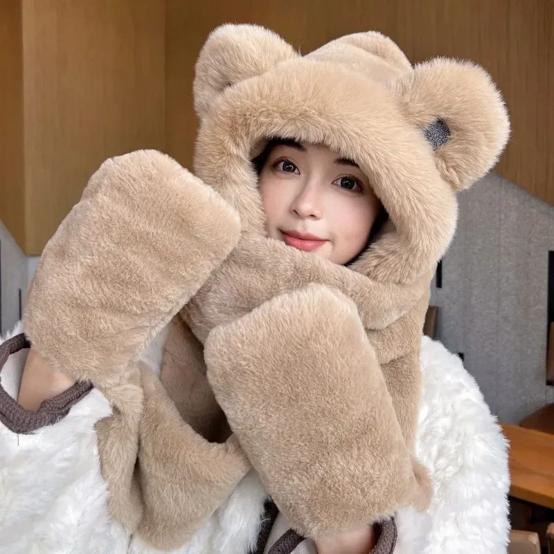 Fleece Three-piece Set Women Winter Thickened Bear Hats Scar