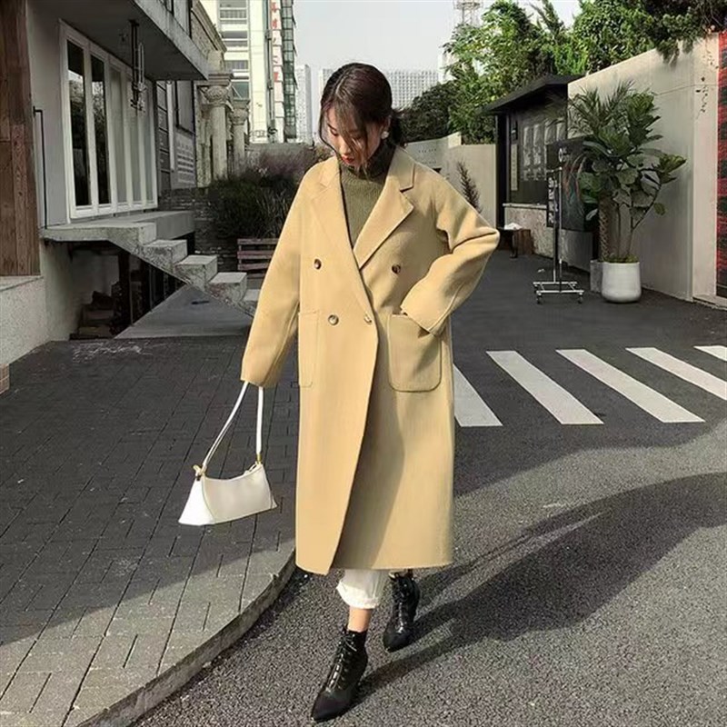小个子双面手缝羊绒l大衣女宽松连袖中长款羊毛呢外套女西装领OL