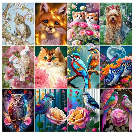 Animals DIY 5D Diamond Painting Kits Cat Owl Birds and Flowe