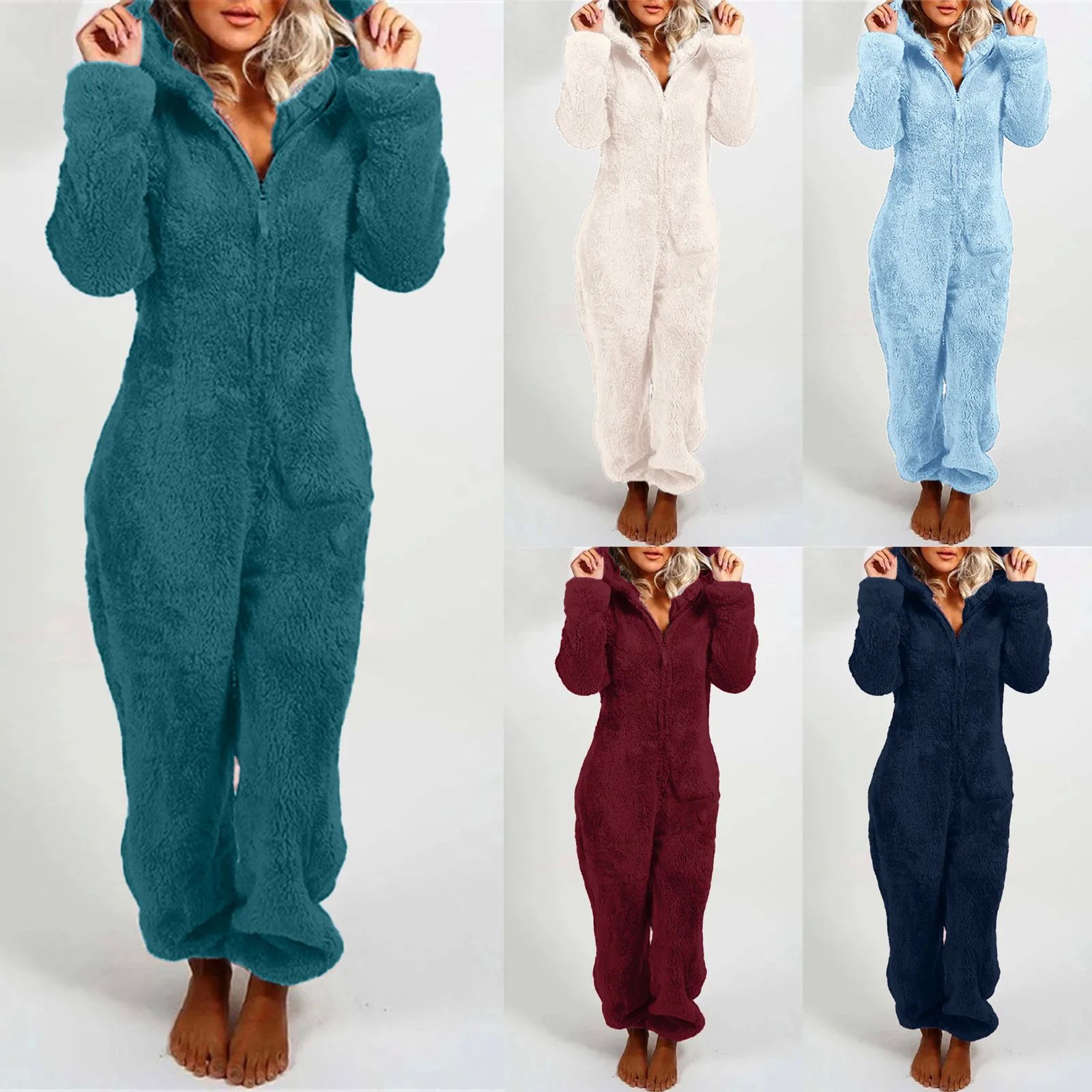 Cute Cat Ears Women Onesie Pajamas Warm Thick Plush Fleece J