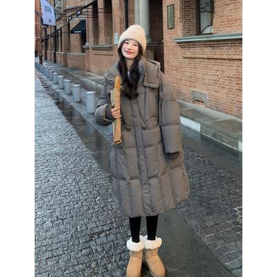灰色连帽羽绒服女冬季2024新款宽松小个子中长款加厚90白鸭绒外套