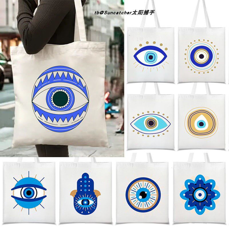 Evil Eye恶魔之眼大号帆布包土耳其蓝眼睛手提袋购物袋单肩包女包