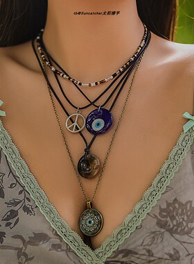 民族风evil eye恶魔之眼叠带项链新中式蓝眼睛串珠锁骨链Necklace