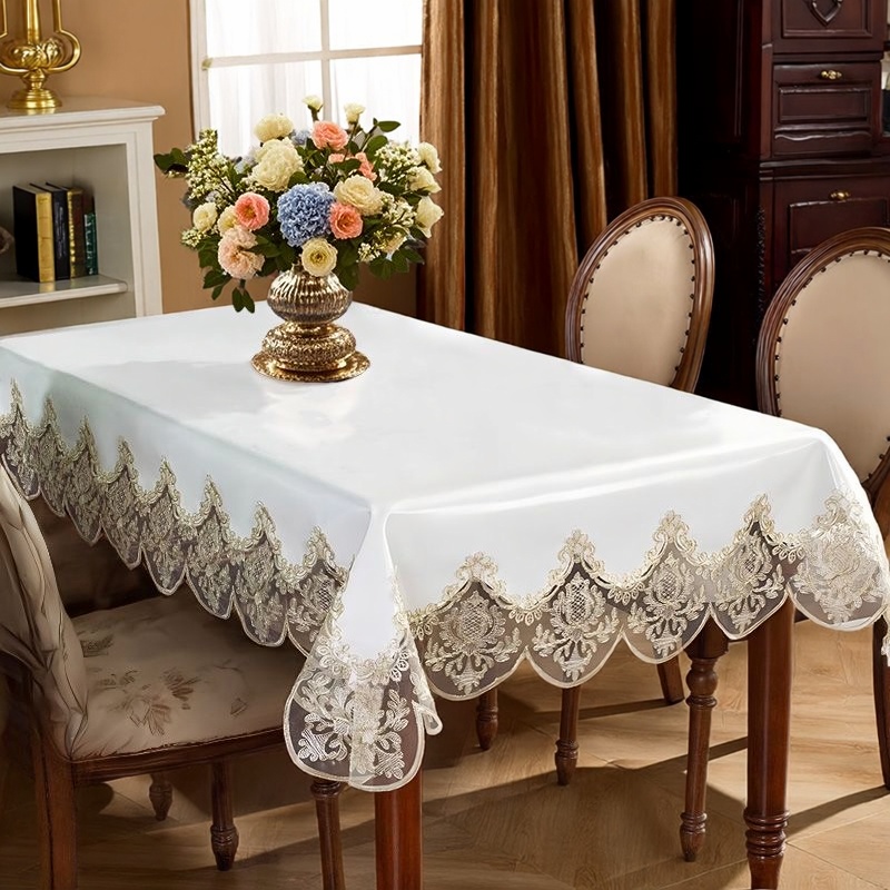 高档白色蕾丝PU免洗防水防油桌布