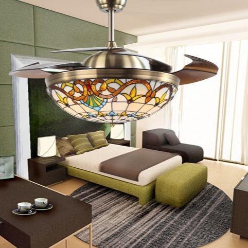 蒂凡尼隐形吊扇灯客厅餐厅风扇吊灯地中海木叶卧室风扇灯复古吊扇