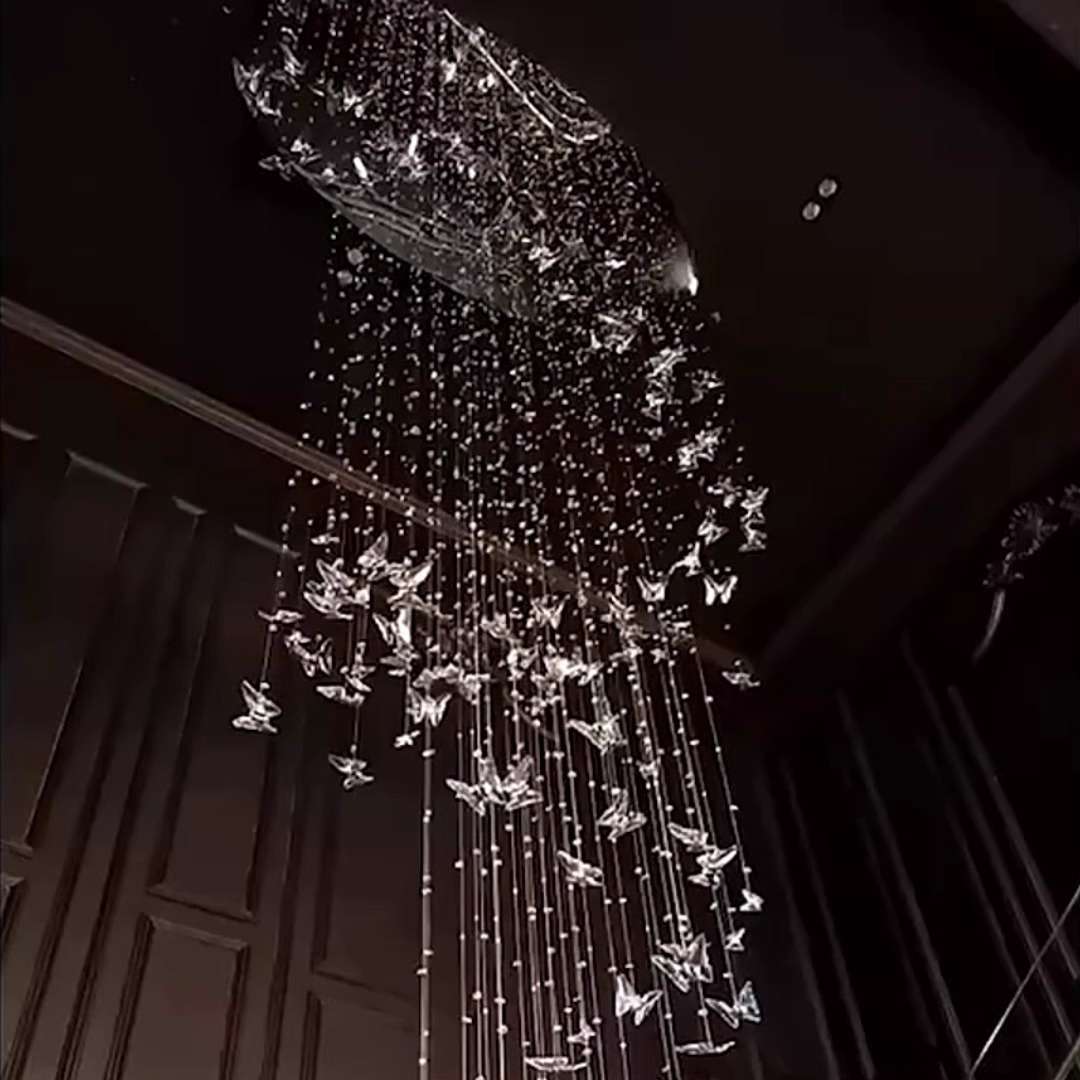 现代楼梯灯轻奢蝴蝶水晶长吊灯别墅客厅设计师款loft公寓跨境灯饰