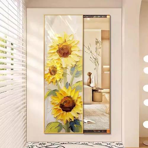 奶油风隐藏式全身镜可推拉玄关镜子装饰挂画北欧向日葵试衣镜子画