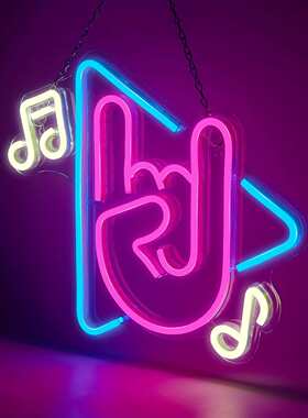 跨境亚马逊led霓虹灯Live Music吉他音乐手指音符酒吧直播装饰灯