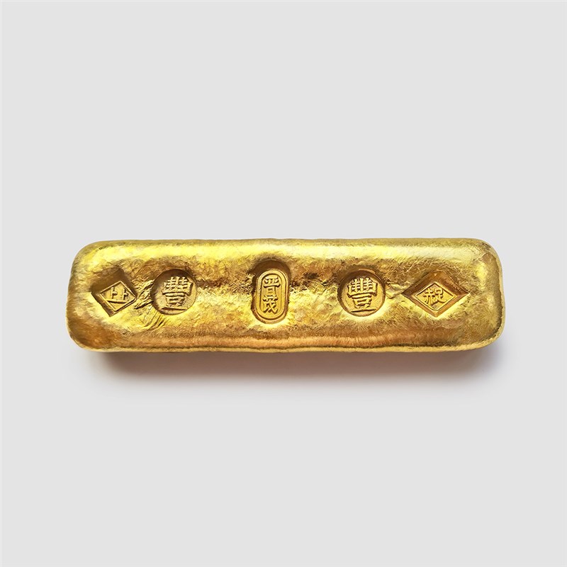 晋茂上上足赤金条影视道具仿金摆件 清末民初铜鎏金书房镇尺金块