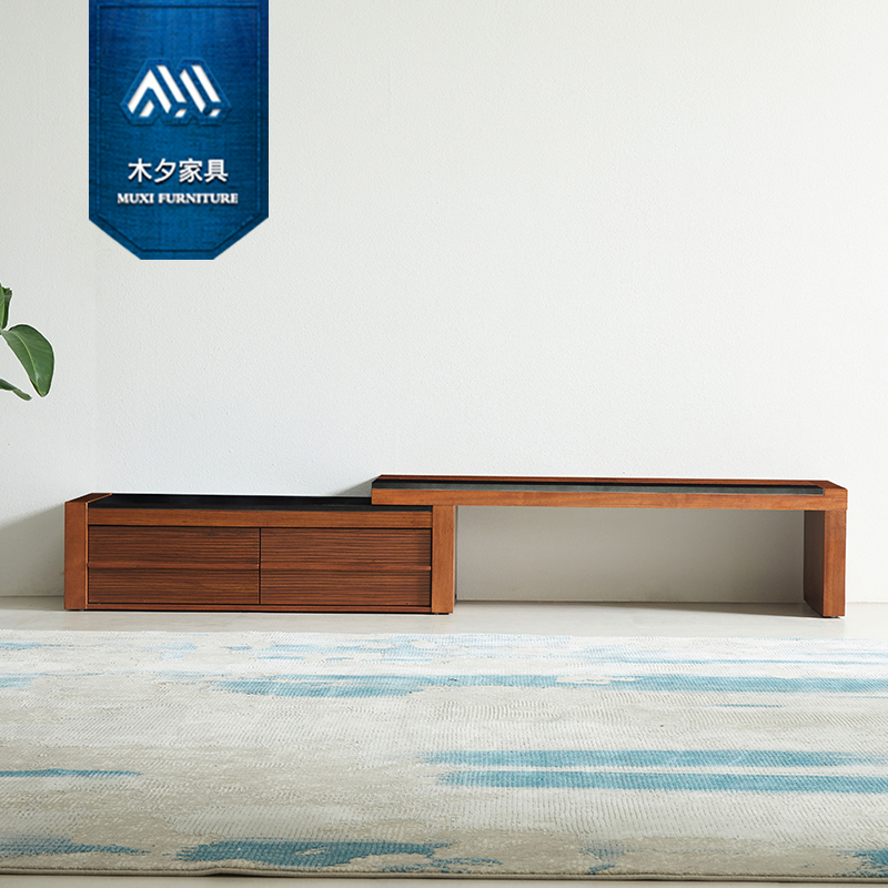 木夕新中式东南亚风格槟榔色家具胡桃色实木玄武岩伸缩组合电视柜