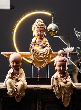 新中式禅意观客音萨如件来佛像摆陶jz202004菩瓷倒流香炉厅装饰