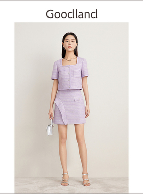Goodland美地2024夏季新款法式紫色小香风短外套女方领花纱上衣