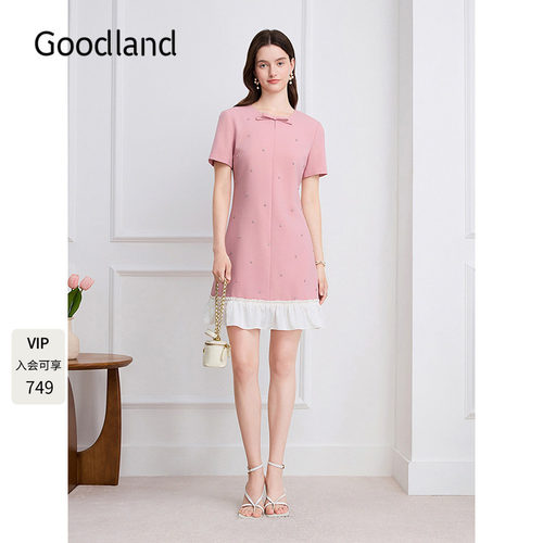 Goodland美地蝴蝶结钉钻撞色荷叶边2026夏季新款连衣裙LC36205700