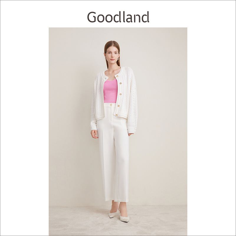 Goodland美地2024春季新款法式慵懒风勾花镂空肌理针织衫