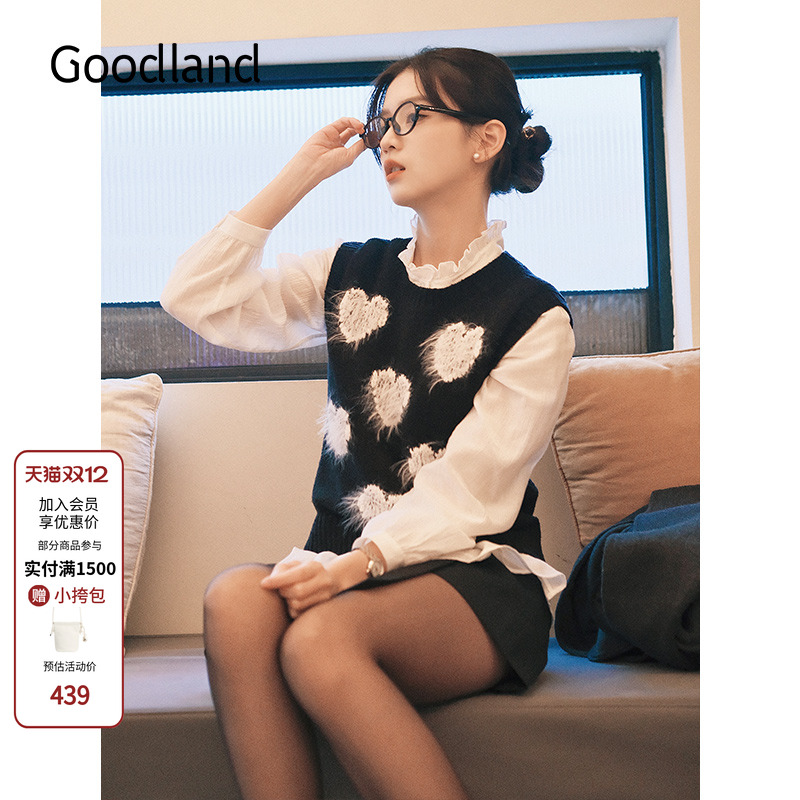 Goodland美地女装爱心刺绣仿貂毛针织马甲背心外穿LC35104030