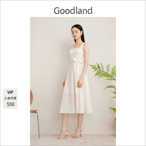 Goodland美地花纹蕾丝吊带连衣裙