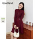 羊毛针织连衣裙收腰 复古安可拉红法式 Goodland美地2024冬季 新款