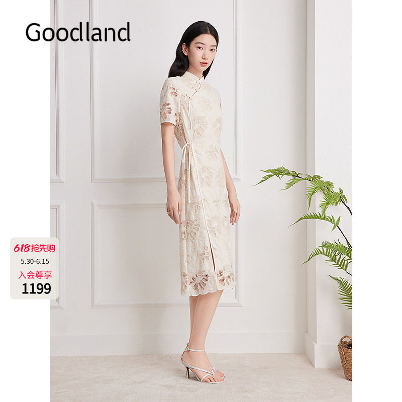 Goodland美地米白色蕾丝盘扣新中式旗袍连衣裙女夏季LC35205970