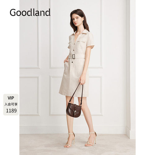 Goodland美地气质棉亚麻衬衫式连衣裙女夏季2026新款LC36205420