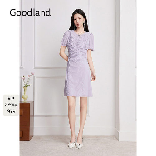 Goodland美地2026夏季新款圆领连衣裙竖抽褶收腰显瘦款LC36205180