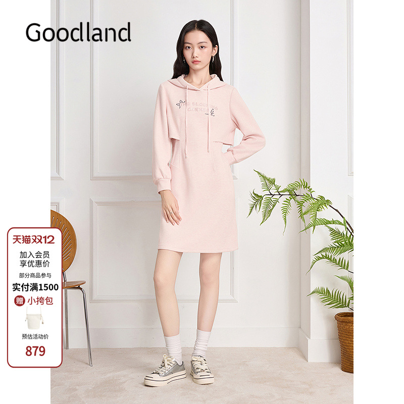 Goodland美地女装休闲风连帽卫衣连衣裙收腰2025秋新品LC35305350