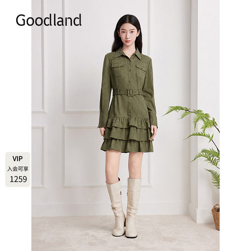 Goodland美地女装莱赛尔绒面衬衫连衣裙短款2025冬新品LC35505010