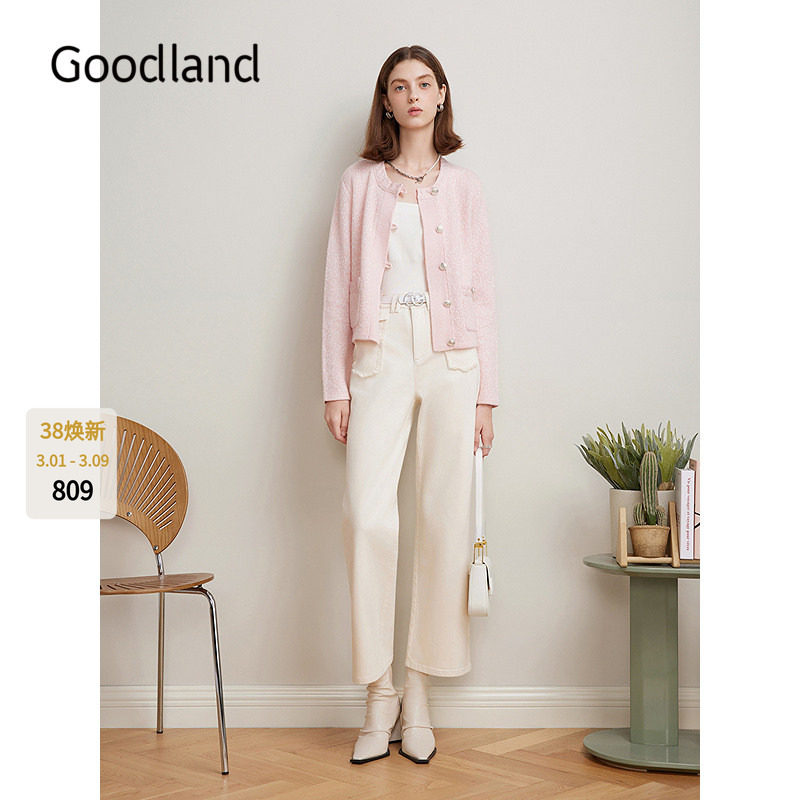 Goodland美地粉色法式小香风圆领针织开衫女短款外套LC35106230