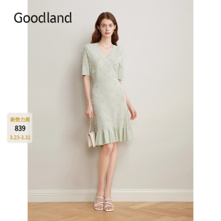 镂空V领针织裙短袖 草绿色法式 连衣裙 2025春新款 Goodland美地女装
