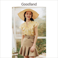 Goodland美地2024夏季新款法式气质碎花小飞袖真丝短袖衬衫女