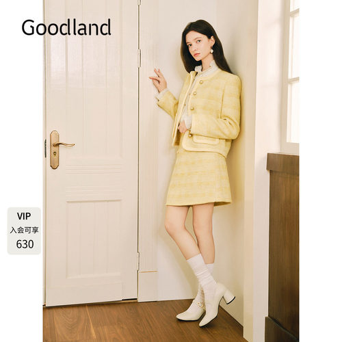 Goodland美地女装春季温柔气质法式小香风短外套花纱圆领夹克
