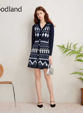 Goodland美地费尔岛V领针织连衣裙羊毛收腰a字裙秋冬LC34506137