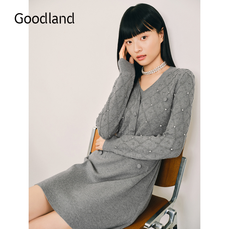 Goodland美地女装优雅v领假两件羊毛针织连衣裙短款LC34506117