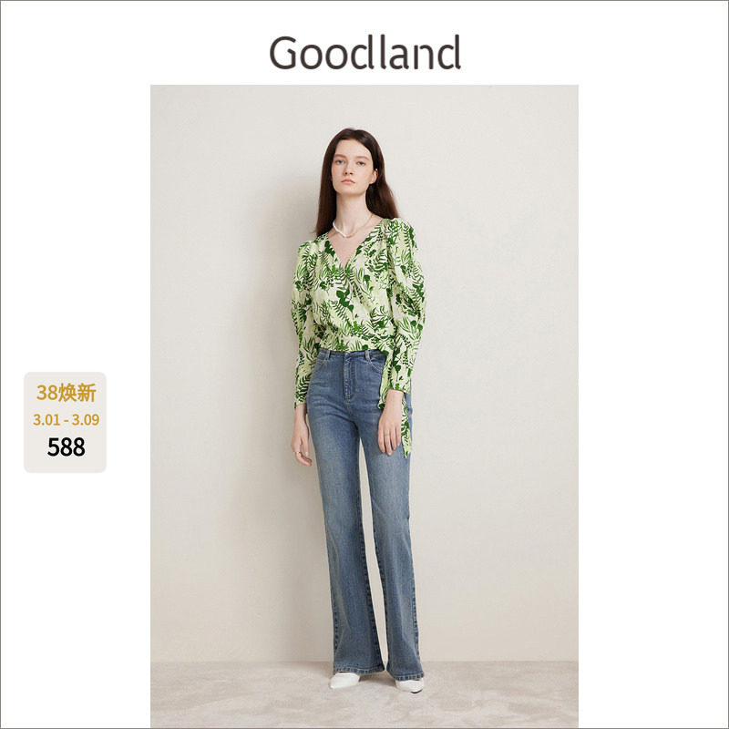 Goodland美地2024春绿色印花桑蚕丝长袖衬衫女法式v领真丝上衣
