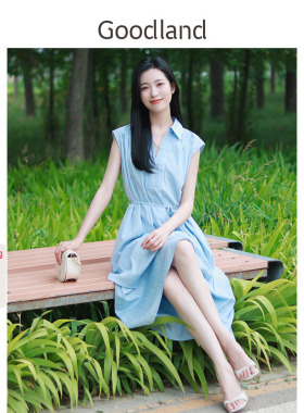 Goodland美地【博主同款】夏季新款浅蓝色无袖衬衫式连衣裙