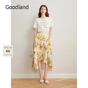 浪漫印花正肩圆领短袖 法式 T恤上衣 2025夏季 Goodland美地女装