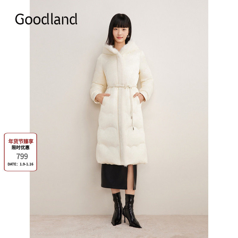Goodland美地新中式白色水貂毛连帽羽绒服女长款鸭绒LC34508110