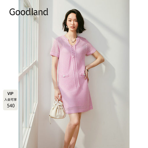 Goodland美地粉色短袖法式镂空针织连衣裙女夏季LC35206087