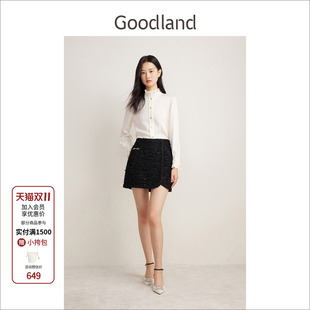 明星同款 长袖 春季 衬衫 雪纺上衣 花边立领法式 Goodland美地女装