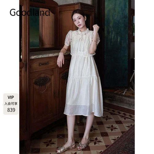 Goodland美地新中式蕾丝天丝醋酸两件套连衣裙女夏季LC35205870