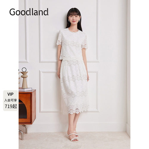 Goodland美地法式镂空重工蕾丝短袖上衣/半身裙女夏季LC35270500