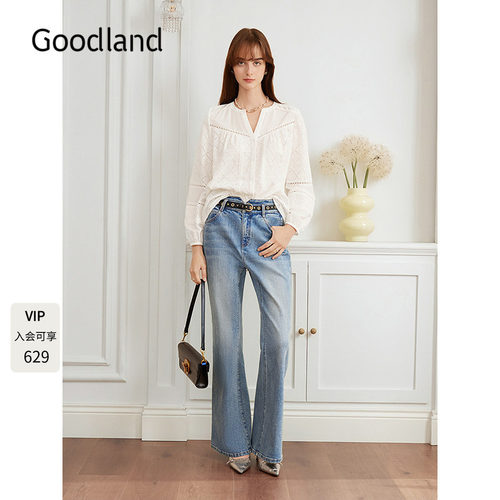 Goodland美地白色法式镂空衬衫女长袖上衣2026春季新款LC36130040