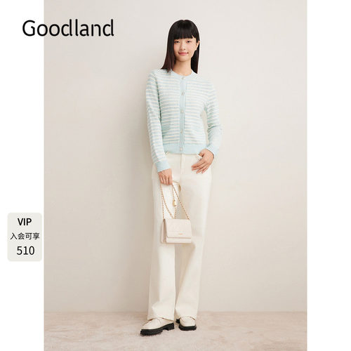 Goodland美地女装2024年冬季新款温柔感法式镂空圆领针织开衫短款