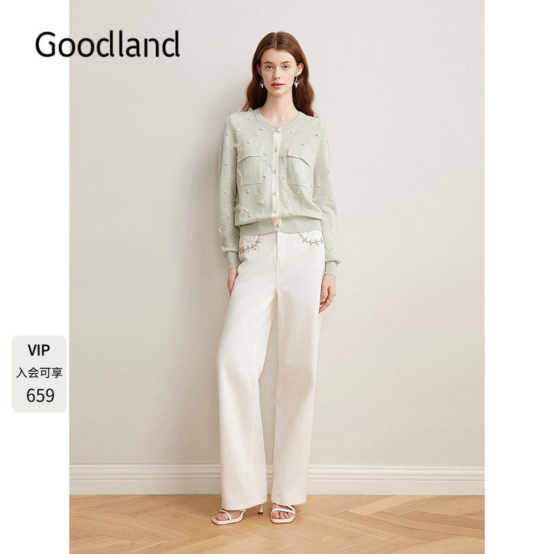 Goodland美地女装浅绿色法式圆领针织开衫外套薄款LC35106290图片