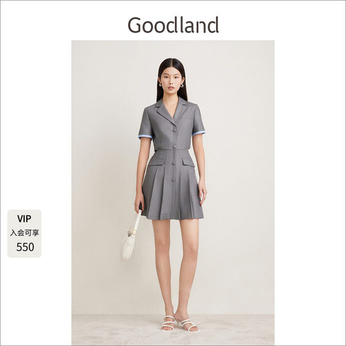 Goodland美地夏季气质灰色假两件连衣裙短款西装百褶裙