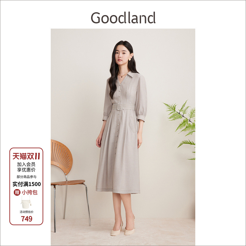 Goodland美地女装法式气质衬衫式连衣裙收腰显瘦长裙LC34305340