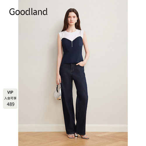 Goodland美地女装2025夏季新款拼接吊带假两件醋酸无袖上衣